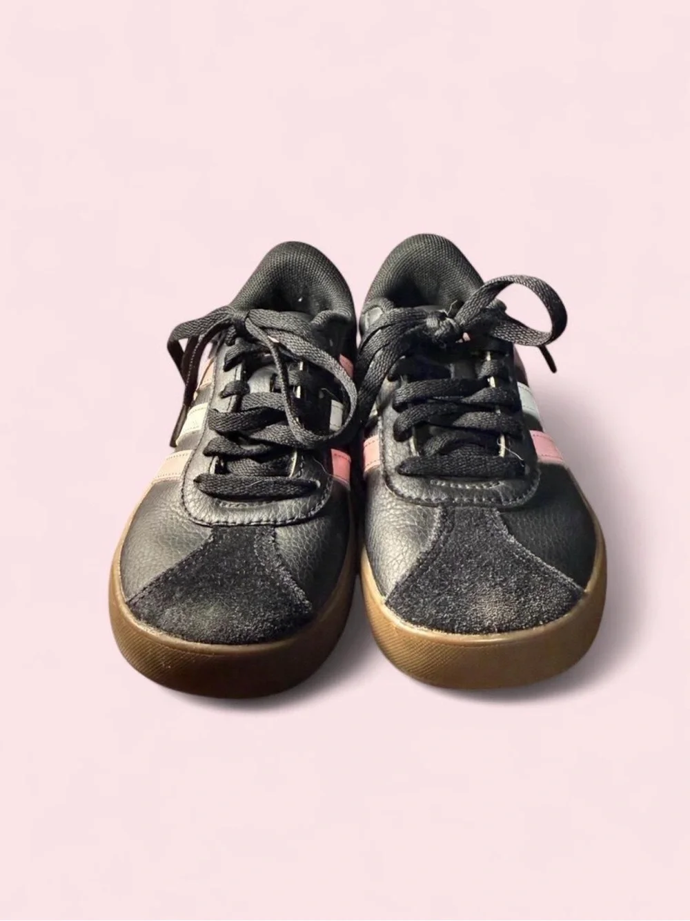 adidas Kids Black Sneakers with Pink and Cream Stripes